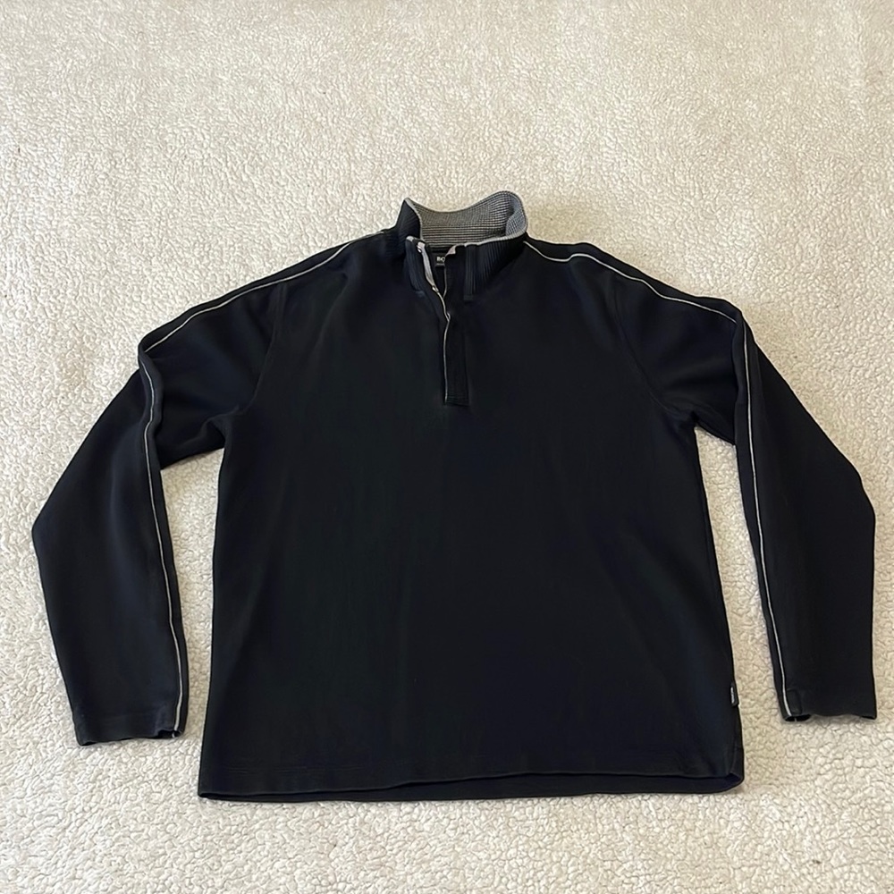 Hugo Boss 1/4 Button Long Sleeve Pullover Sweater Mens Large Regular Fit Black
